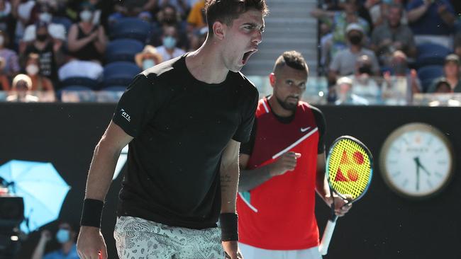 Thanasi Kokkinakis (left) and Nick Kyrgios have set the Australian Open doubles tournament alight. Picture: AFP