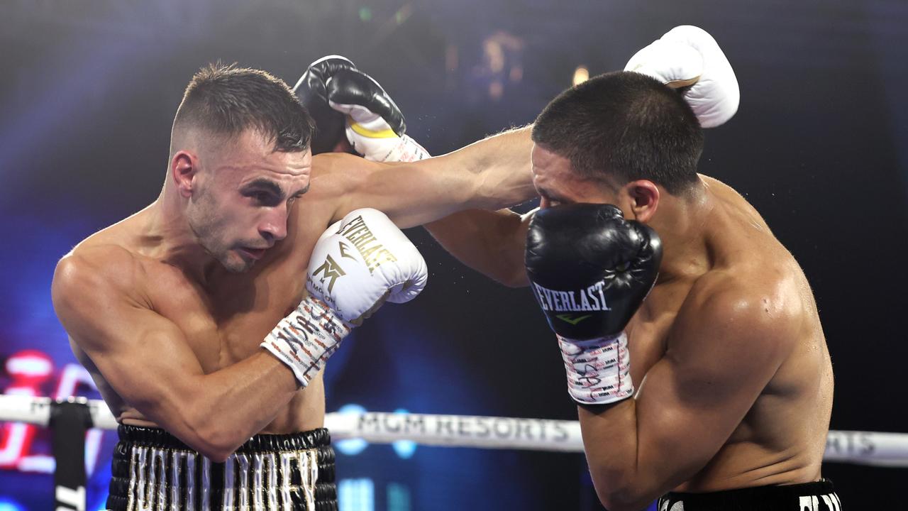 Andrew Moloney and Joshua Franco exchange punches during their fight for the WBA super flyweight title at the MGM Grand in November, 2020.