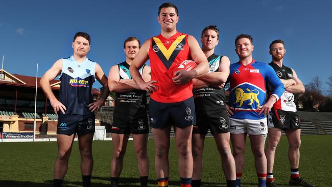 L-R Jack Gleeson Lindisfarne, Lachy Watt Cygnet, Cambell (Cambell) Hooker Dodges Ferry, Rhys Jennings Cygnet, Tristan Barnett Huonville, Jacob Wigg New Norfolk. SFL launch of the finals series. Picture: Nikki Davis-Jones