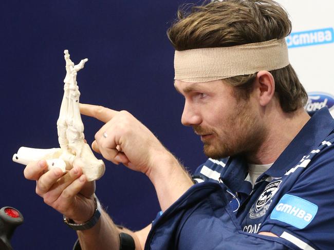 Geelong AFL Football Geelong Cats stake out - an Injured Patrick Dangerfield. Arrives for a press conference in a moon boot , showing off his injuries  with a skeleton Picture: Mark Wilson