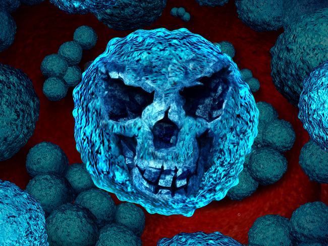 Superbug danger concept as a killer bacteria shaped as a death skull face as a symbol for MRSA medical healthcare risk and antimicrobial resistance health hazard icon as a bacterium infection inside the human body.