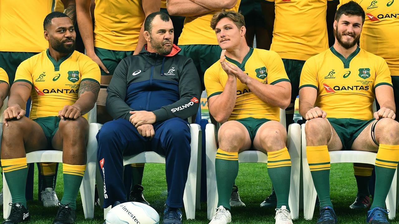 Samu Kerevi, Michael Cheika, Michael Hooper and Liam Wright at Eden Park.