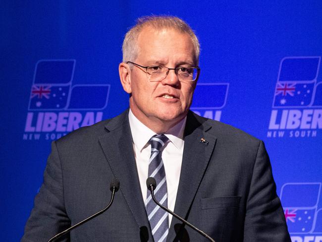 SYDNEY, AUSTRALIA - NewsWire Photos APRIL 01, 2022: Prime Minister Scott Morrison delivers a speech about the federal budget at the Sofitel Sydney Wentworth.Picture: NCA NewsWire / Christian Gilles