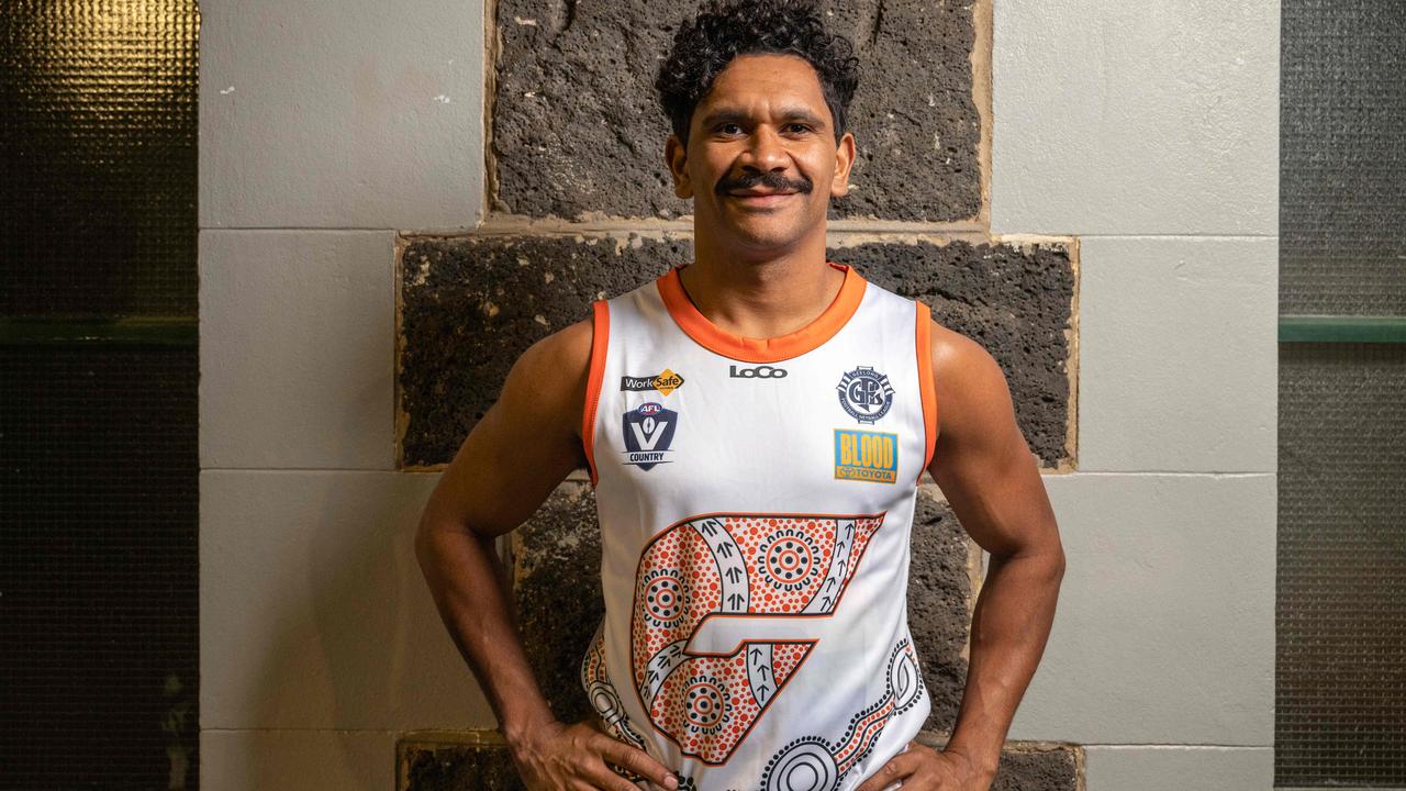 14-05-2024 Geelong West player Ethan Liddle with the jumper he designed ahead of GFL indigenous round. Picture: Brad Fleet