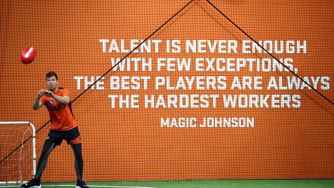 Toby Greene during a Giants indoor training session in Sydney. Picture: Phil Hillyard