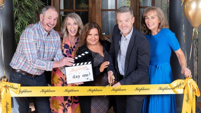 Alan Fletcher, Annie Jones, Rebekah Elmaloglou, Stefan Dennis and Annie Jones on the first day of Neighbours filming.