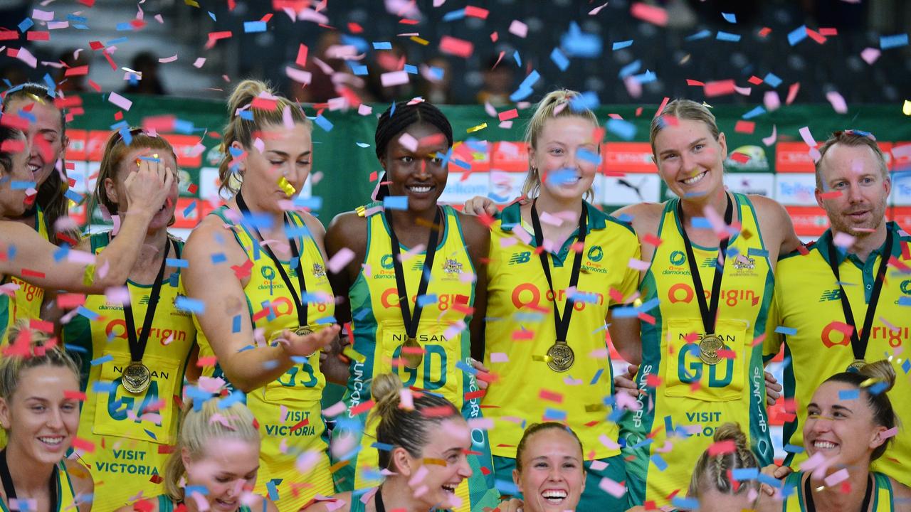 The Diamonds celebrate winning the Netball Quad Series final in January. Picture: Getty