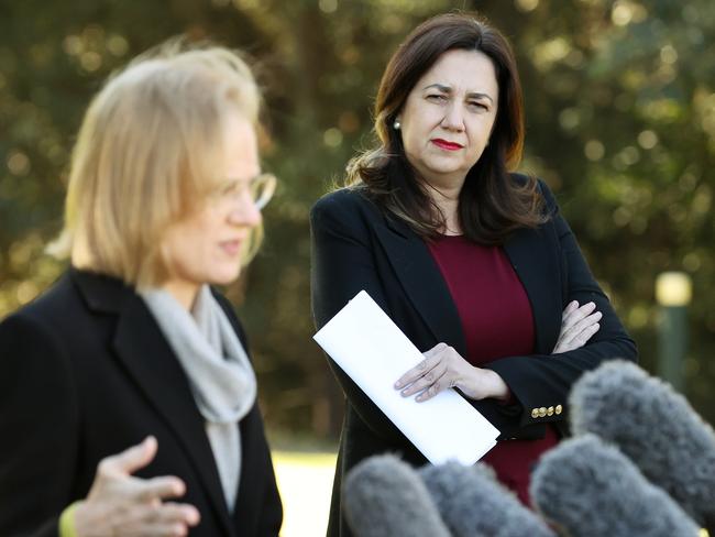 Queensland Premier Annastacia Palaszczuk (right) said citizens were clamouring for chief health officer Jeannette Young to be named the state’s next Governor. Riiiiight. Picture: Liam Kidston