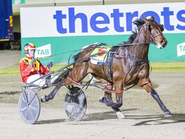 Lochie Cook drives Jillibyjacksparrow to victory at Melton. Picture: Stuart McCormick