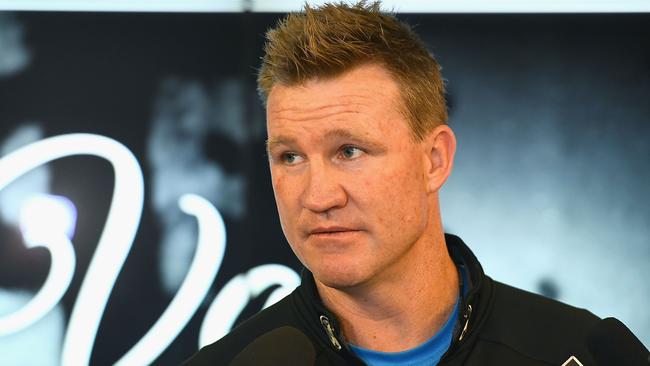 Nathan Buckley speaks to the media at the Holden Centre earlier this season. Picture: Getty Images