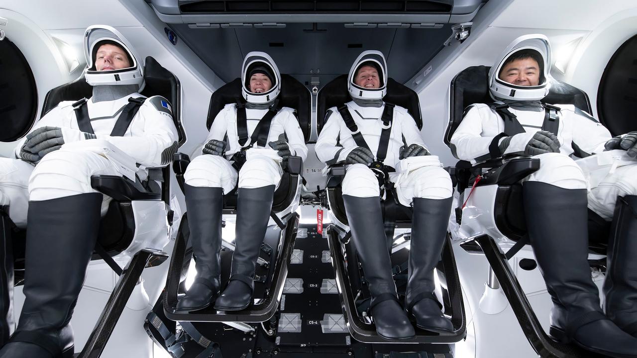 Astronauts Thomas Pesquet, Megan McArthur, Shane Kimbrough and Akihiko Hoshide at the SpaceX training centre before launching on the Crew Dragon Endeavour capsule to the International Space Station. Picture: NASA