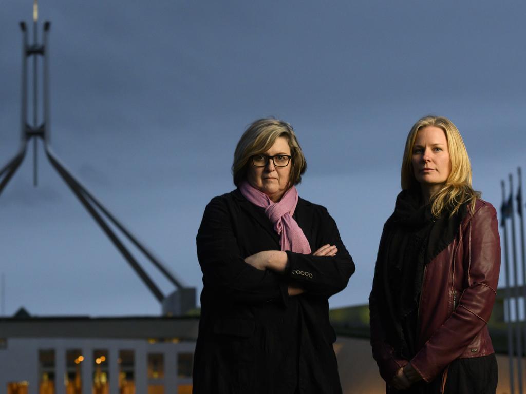 Angela Lynch with Michelle Dorendahl whose ex-partner murdered her daughter Eva, 4, says current laws prevented Hannah Clarke from finding safety. Picture: Rohan Thomson.