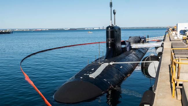 US Navy Virginia-class submarine, USS North Carolina, docks at the HMAS Stirling port in Rockingham in 2023. Picture: AFP