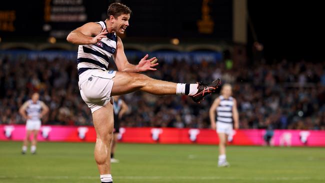 Tom Hawkins has played a key role in Geelong’s nine-game winning streak. Picture: Getty Images