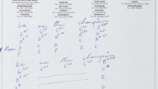 Hand-written lyrics and chords for Queen’s 1977 hit ‘We Are The Champions’.