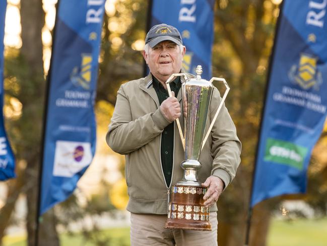 Patric O'Callaghan with the O'Callaghan Cup after the match on Grammar Downlands Day at Toowoomba Grammar School, Saturday, August 19, 2023. Picture: Kevin Farmer