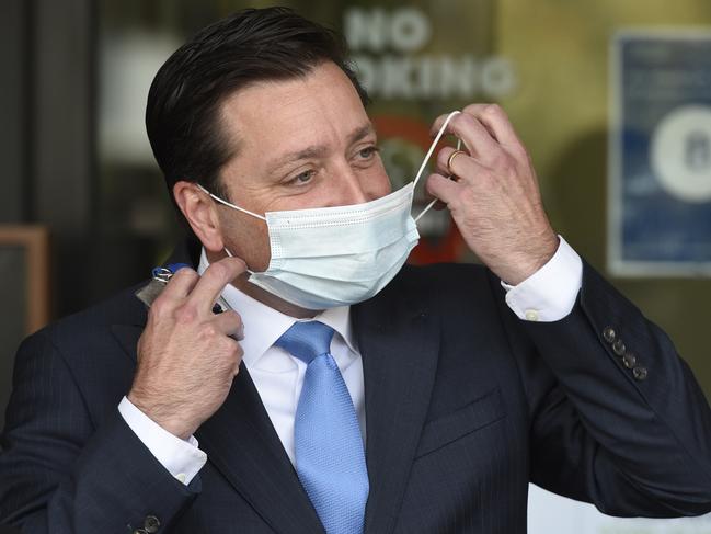 Opposition leader Matthew Guy plans to scrap mask mandates except in high-risk settings. Picture: Andrew Henshaw