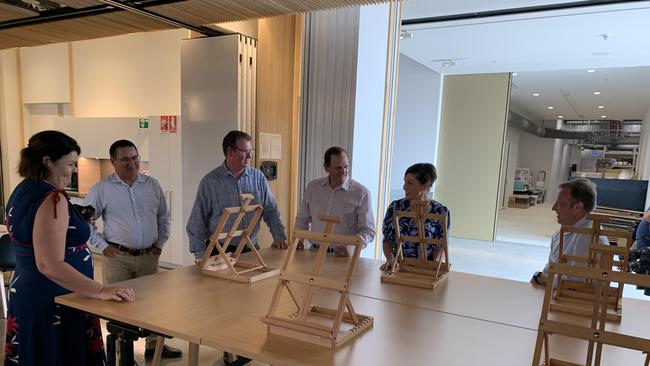 Rockhampton Regional Council's Alicia Cutler, Councillor Drew Wickerson, Rockhampton MP Barry O'Rourke, Mayor Tony Williams, Minister for the Arts Leanne Enoch and Deputy Premier Brittany Lauga in the education space of the new Rockhampton Museum of Art.