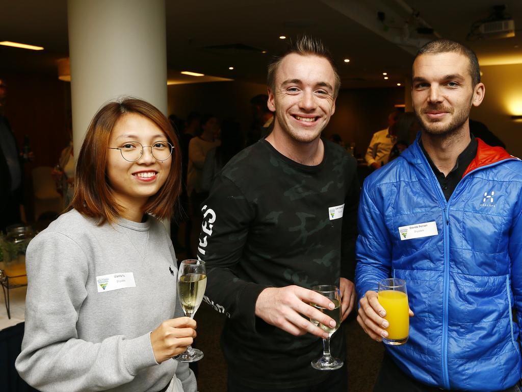 The Old Woolstore has a new bike washing service with a growth in tourism. To celebrate, drinks were held for stakeholders. (L-R) Vianna Yu of Lindisfarne, Liam Townsend of Midway Point, Davide (Davide) Ferrari of Fern Tree. Picture: MATT THOMPSON