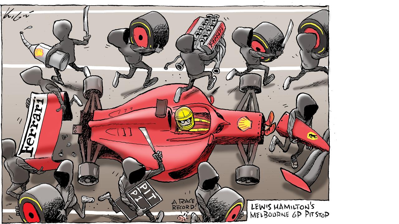 Mark Knight's Melbourne Grand Prix cartoon use the F1 pit stop to comment on rising gang crime in Victoria. Picture: Mark Knight