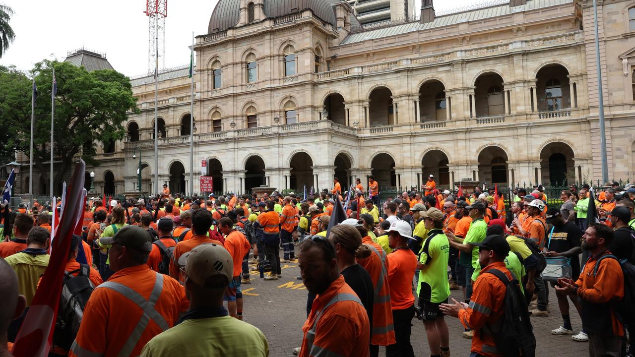 CFMEU workers protesting outside Parliament House on Thursday. Picture: Liam Kidston