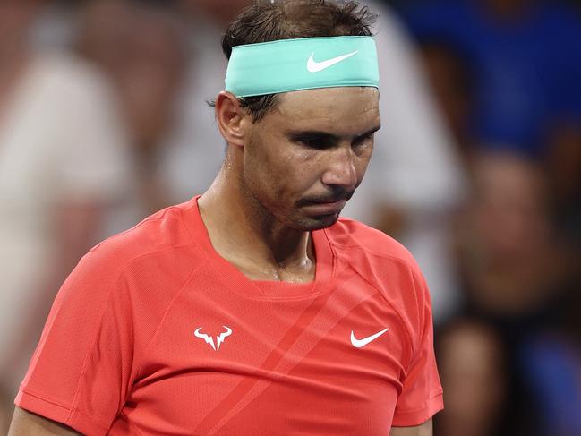 BRISBANE, AUSTRALIA - JANUARY 05: Rafael Nadal of Spain leaves the court for medical treatment in his match against Jordan Thompson of Australia during day six of the 2024 Brisbane International at Queensland Tennis Centre on January 05, 2024 in Brisbane, Australia. (Photo by Chris Hyde/Getty Images)