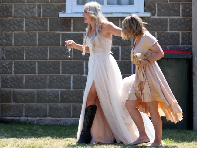 Vikki Campion with a member of her bridal party during the wedding reception. Picture: NCA NewsWire/ Ben McDonald