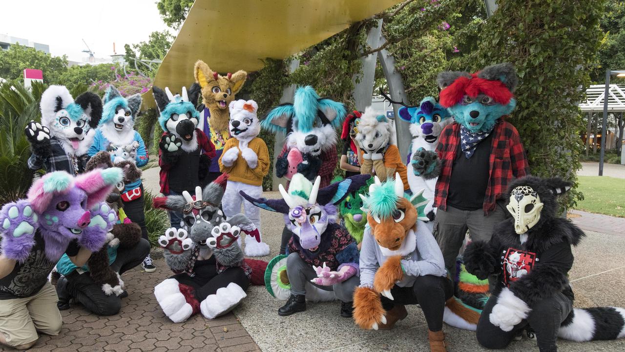 Furry picnic: Furries gather for a night out at South Bank. Picture: Mark Cranitch