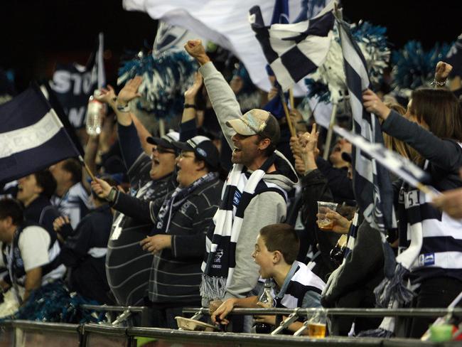 Geelong supporters cheering during Round 14, 2009. The game still holds the record for the biggest attendance at Docklands.