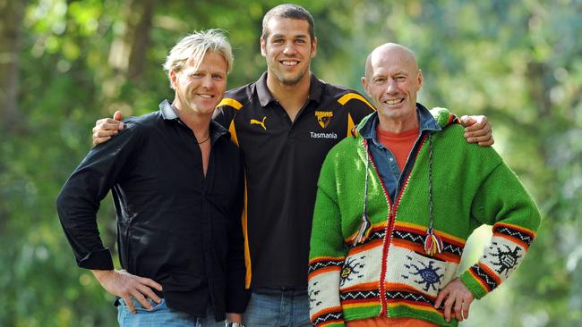 Dermott Brereton poses with Lance Franklin and Don Scott on a meeting of the Hawks’ famous No.23s in 2011.