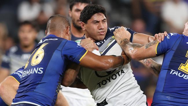 SYDNEY, AUSTRALIA - APRIL 13: Jason Taumalolo of the Cowboys is tackled during the round six NRL match between Parramatta Eels and North Queensland Cowboys at CommBank Stadium on April 13, 2024 in Sydney, Australia. (Photo by Jason McCawley/Getty Images)