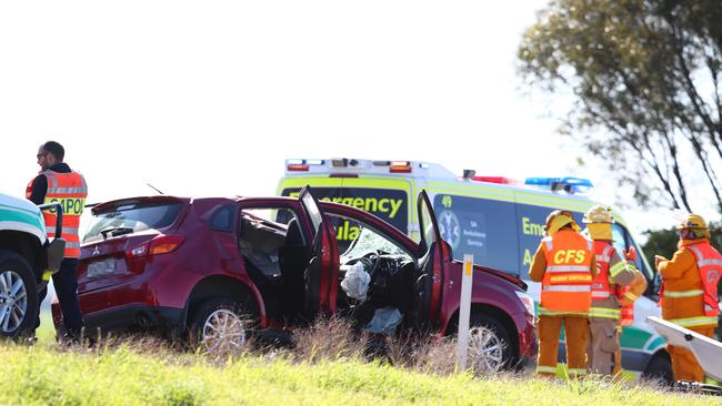 Emergency attend a serious road crash between two trucks and a car on the Sturt Hwy, Shea-Oak Log. Picture: Tait Schmaal.