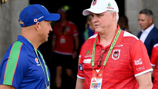 Nathan Brown chats to Dragons coach Anthony Griffin earlier this year. Picture: Getty Images