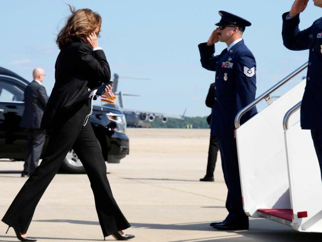 Democratic presidential nominee Vice President Kamala Harris arrives to board Air Force Two to travel to Detroit and Pittsburgh for campaign events. Picture: AFP