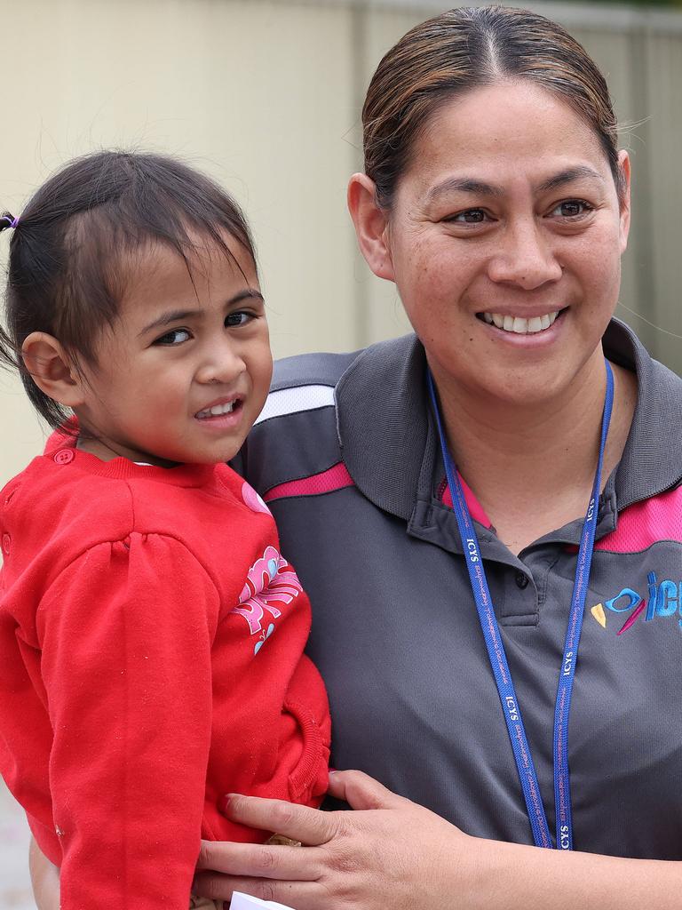 Mother Kara Lologa and Talei, 2, outside Goodstart Bellbird Park. Ms Lologa said the workers had her full support. Picture: Liam Kidston