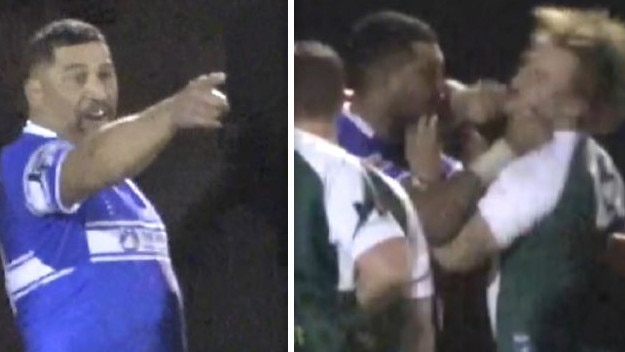 John Hopoate threatens an opponent (L) after coward-punching him in a confrontation.