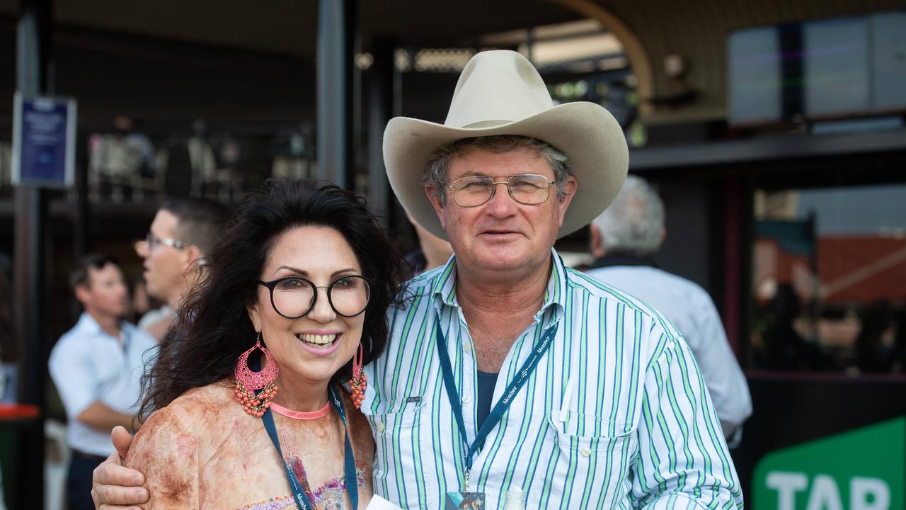 Kerry Flannegan and Lacky Nicolson enjoy the glitz and glamour from the 2020 Great Northern Darwin Cup Carnival. Picture: Che Chorley