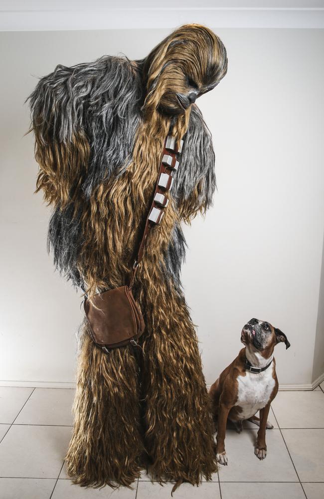 Sarah Hillier, 48, has an authentic, hand-stitched Chewbacca costume. She is pictured with her dog Gibbs. Picture: Dylan Robinson