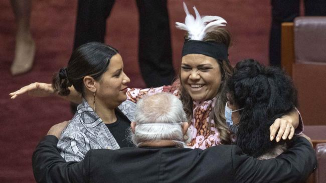 Senator Jacinta Nampijinpa Price, centre, with senators Jana Stewart, Pat Dodson and Malarndirri McCarthy after her first speech in the Senate. Picture: NCA NewsWire / Gary Ramage