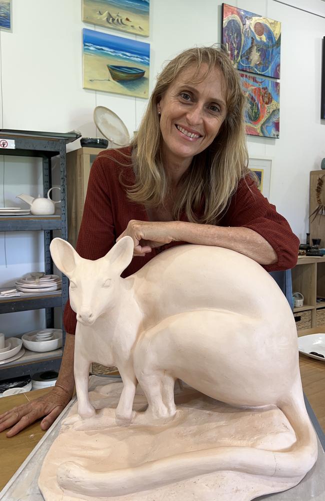 Creative Connections Whitsundays President, Linda Forrester created the original Wallaby prototype for the Proserpine Rock Wallaby. Photo: Contributed