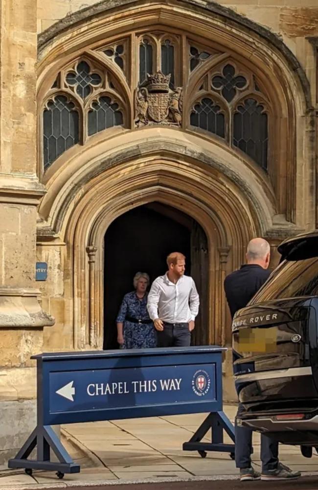 Harry was spotted leaving St George's Chapel, the Queen's final resting place, on the September 8 anniversary of her death. Picture: amygiles0188/Twitter