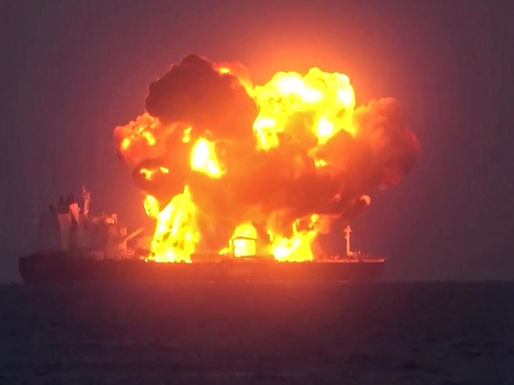 This image grab from a video released by Yemen's Houthi Ansarullah Media Centre, shows what they say is the Greek-owned oil tanker Sounion which they reportedly hit on August 21. Picture: ANSARULLAH MEDIA CENTRE / AFP