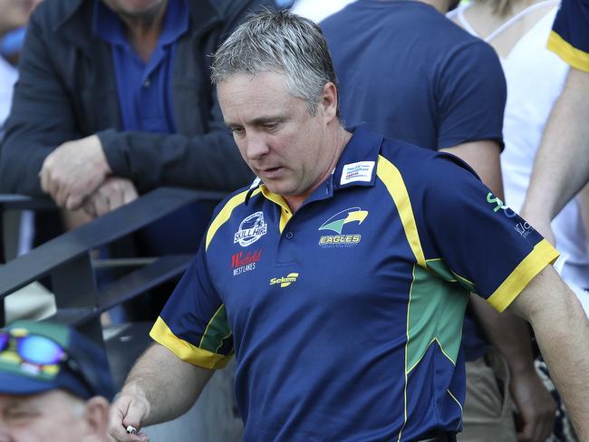 SANFL - Preliminary Final - Sturt v Eagles at Adelaide Oval. Eagles coach Michael Godden walks down at quarter time. Picture Sarah Reed