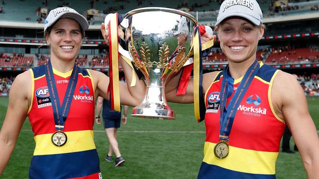 Chelsea Randall (left) and Erin Phillips of the Crows celebrate during the 2019 AFLW Grand Final match between the Adelaide Crows and the Carlton Blues at Adelaide Oval on March 31, 2019 in Melbourne, Australia. Picture: Michael Willson/AFL Photos.