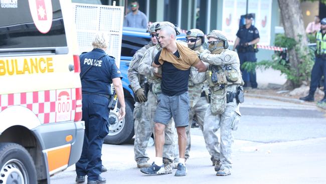 Shem Reece Rotumah being arrested by TRG officers in the Darwin CBD in October. Picture: Glenn Campbell