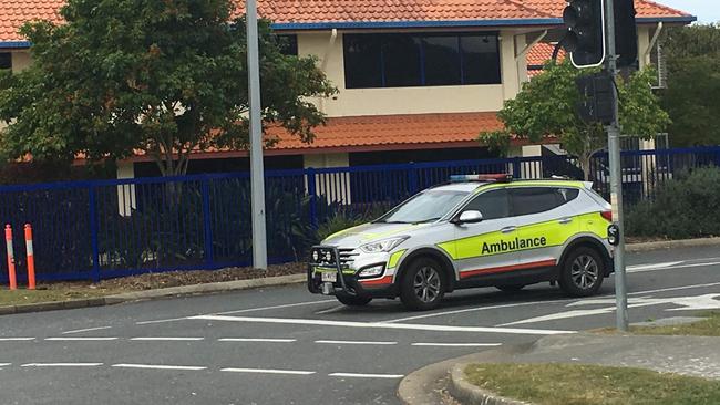 An ambulance at the scene of a suspected drug overdose at Saint Stephen’s College in Upper Coomera. Picture: Greg Stolz