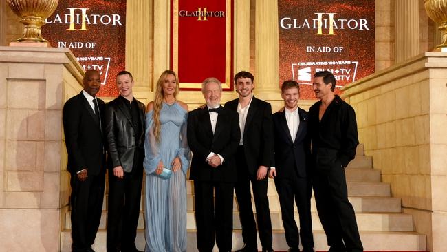 Denzel Washington, Joseph Quinn, Connie Nielsen, Ridley Scott, Paul Mescal, Fred Hechinger and Pedro Pascal attend the Royal Film Performance and Global Premiere of "Gladiator II" at Odeon Luxe Leicester Square. Picture: Getty Images for Paramount Pictures)