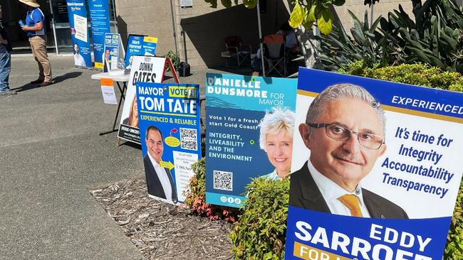 Corflutes outside the pre-poll centre at Ormeau in the 2024 Gold Coast City Council election.