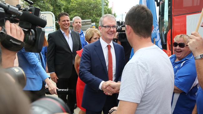 Opposition Leader Michael Daley gets off his campaign bus as Nepean Hospital. Picture: Richard Dobson