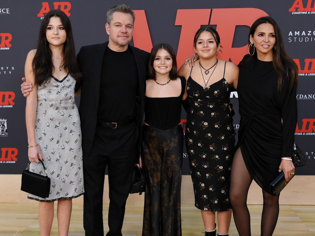 Damon with wife Luciana Barroso (right) and their daughters on March 27. Picture: Jon Kopaloff/Getty Images